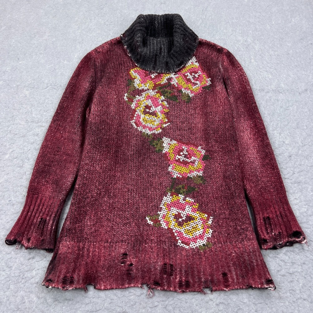 Avant Toi Sweater Womens *Small Distressed Turtleneck Rose Embroidery Burnout‎